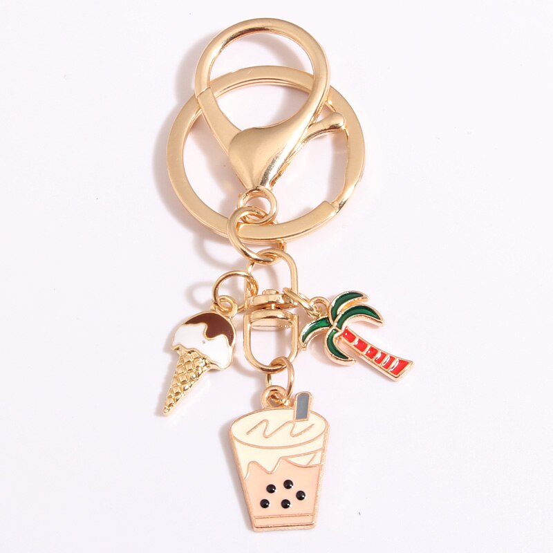 Cute Enamel Keychain Ice Cream Coconut Tree Bubble Tea Key Ring Summer Key Chains For Women Men DIY Handmade Jewelry Gifts
