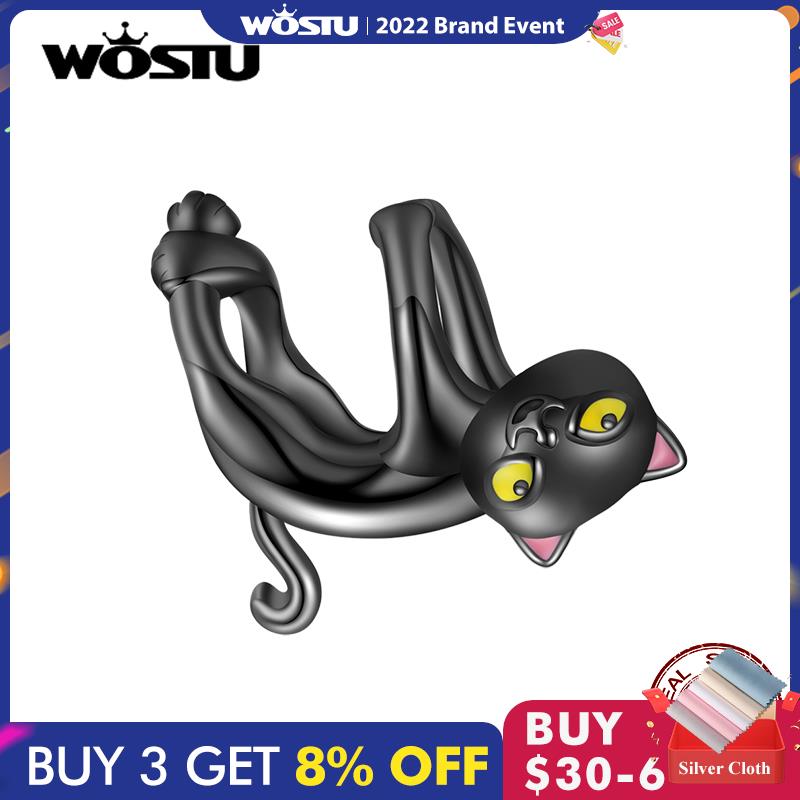 WOSTU 2021 925 Sterling Silver Cute Black Cat Suspend Animals Charm Beads Fit Original Bracelet DIY Jewelry CTC520
