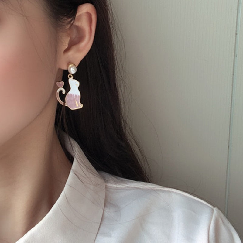 Asymmetry Of Fashion Cute Cat Fan Earring Kitten Stud Earrings Pink Rabbit Cherry Blossom Accessories Trend Party Jewelry Gift
