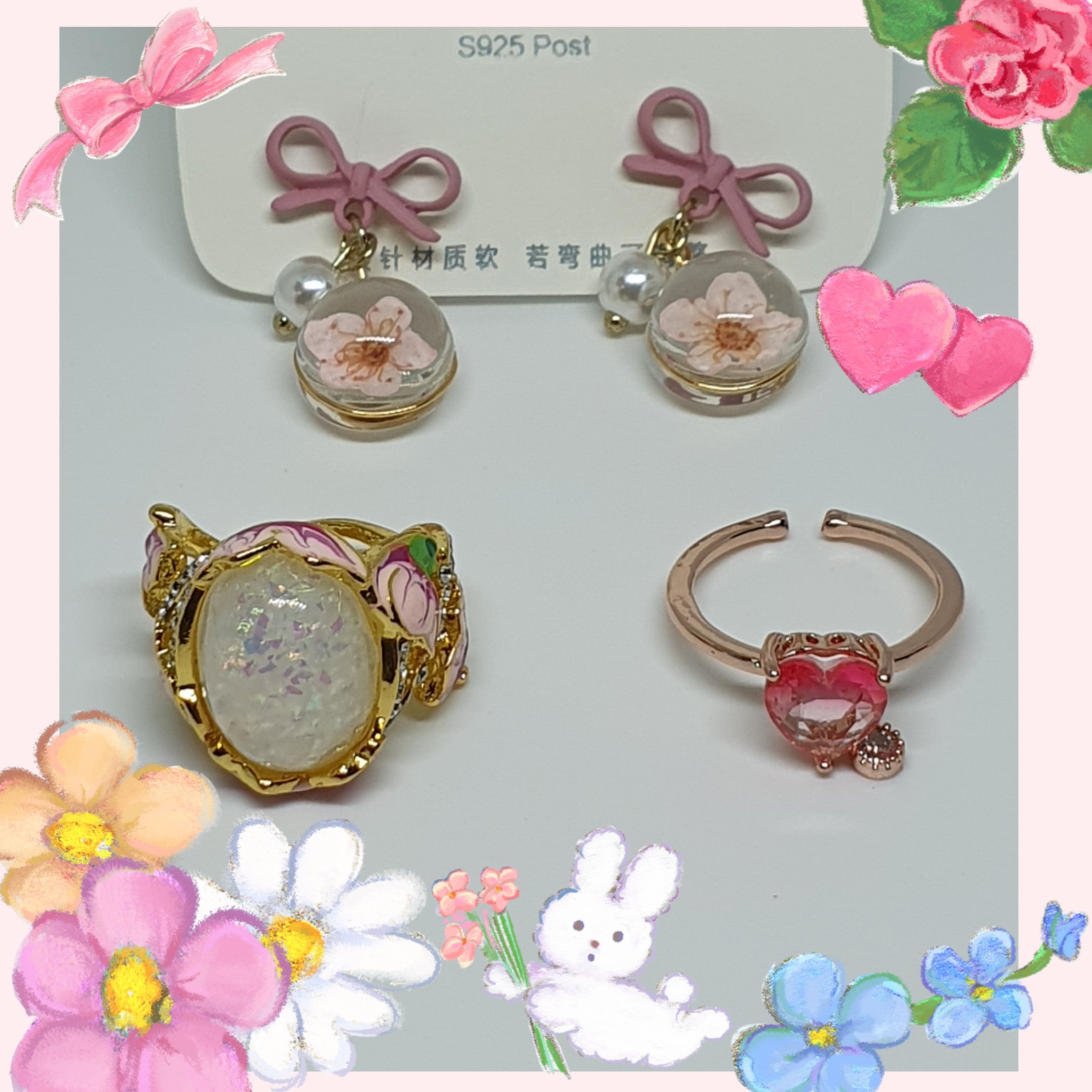 Flower Ring & Earrings and Heart Ring package