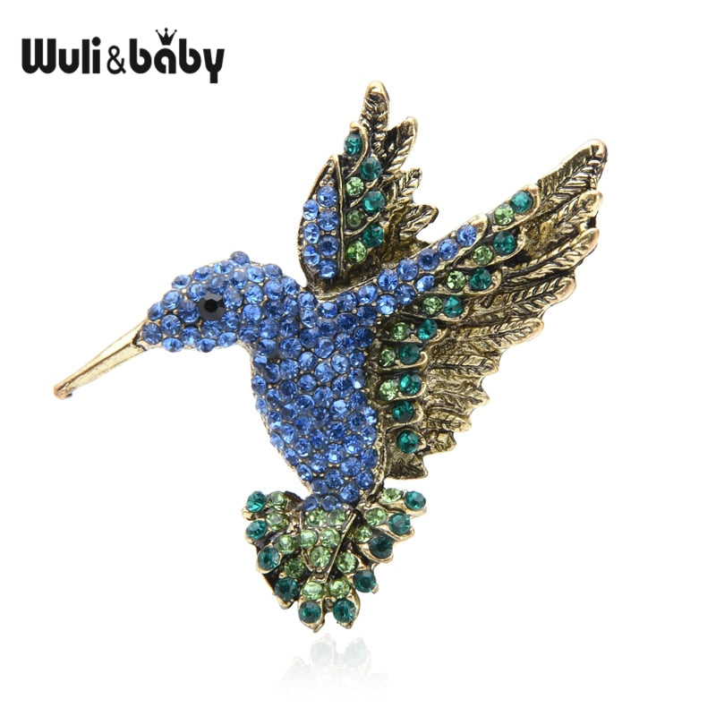 Wuli&baby Pink Blue Rhinestone Hummingbird Brooches Women Men Vintage Animal Brooch Pins Gifts