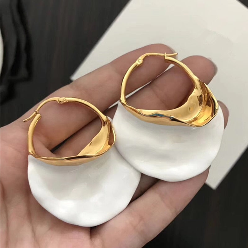 Irregular Metal Basket Large Hoop Earrings For Women Big White Enamel Statement Huggie Earrings Nickel Freewholesale Bijoux 2019