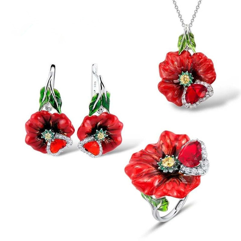 Women Bohemia Red Flower Enamel Jewelry Set Heart Shape Romantic Silver Pendant Necklace Ring Earrings Sets Wedding Jewelry