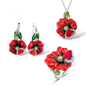 Women Bohemia Red Flower Enamel Jewelry Set Heart Shape Romantic Silver Pendant Necklace Ring Earrings Sets Wedding Jewelry