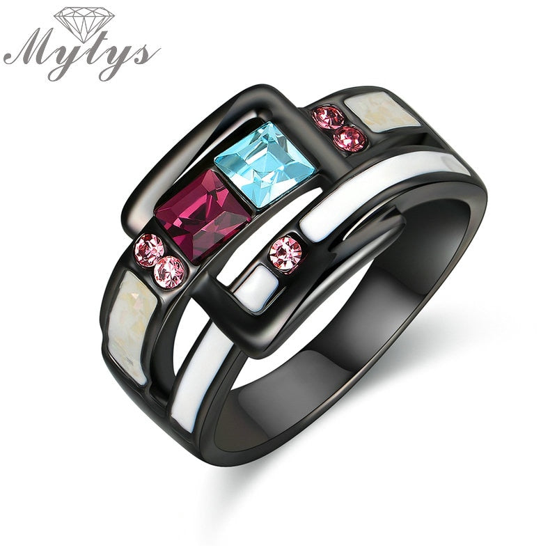 Mytys Blue and Red Crystal Black Gun Color Ring for Women Enamel Belt Design Fashion Punk Hiphop Rock Ring R1923