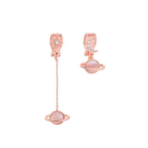 Rose Gold Color Mismatched Celetrial Shell Saturn Moon and Star Clip On Crystal Rhinestone Brass Hypoallergenic Earrings