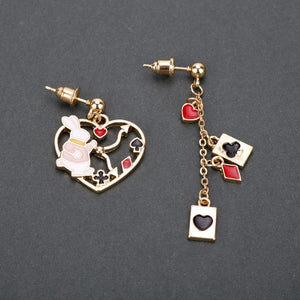 Alice Wonderland Princess Rabbit Bunny Asymmetric Drop Earring Clock Poker Card Enamel Women's Earrings Fashion Jewelry for Girl