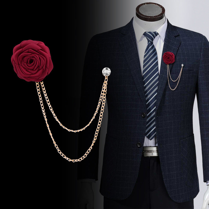 Korean Bridegroom Wedding Brooches Cloth Art Hand-made Rose Flower Brooch Lapel Pin Badge Tassel Chain Men&#39;s Suit Accessories