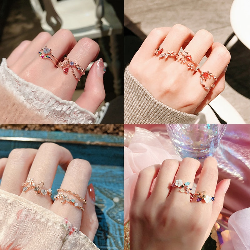MENGJIQIAO 2020 Korean Sweet Heart Crystal Flower Cubic Zircon Adjustable Rings For Women Fashion Cute Butterfly Bague Jewelry