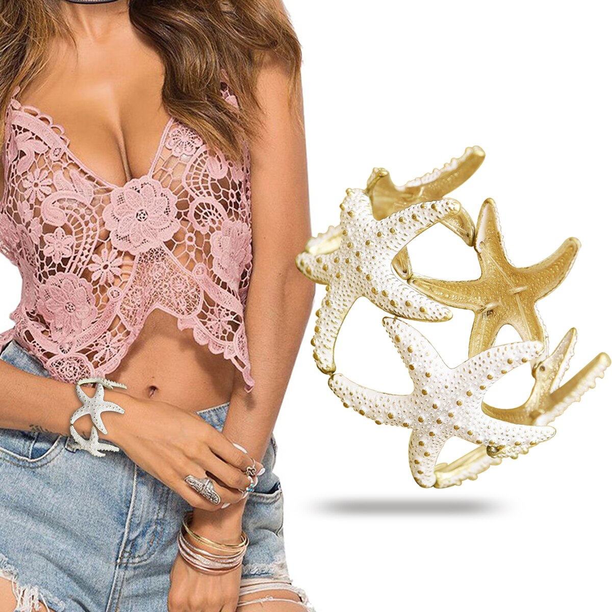 Gold White Textured Star Fish Beach Sea Life Enamel Stretch Wide Bracelet Bangle Cuff Pulseira Masculina Feminina Jewerly