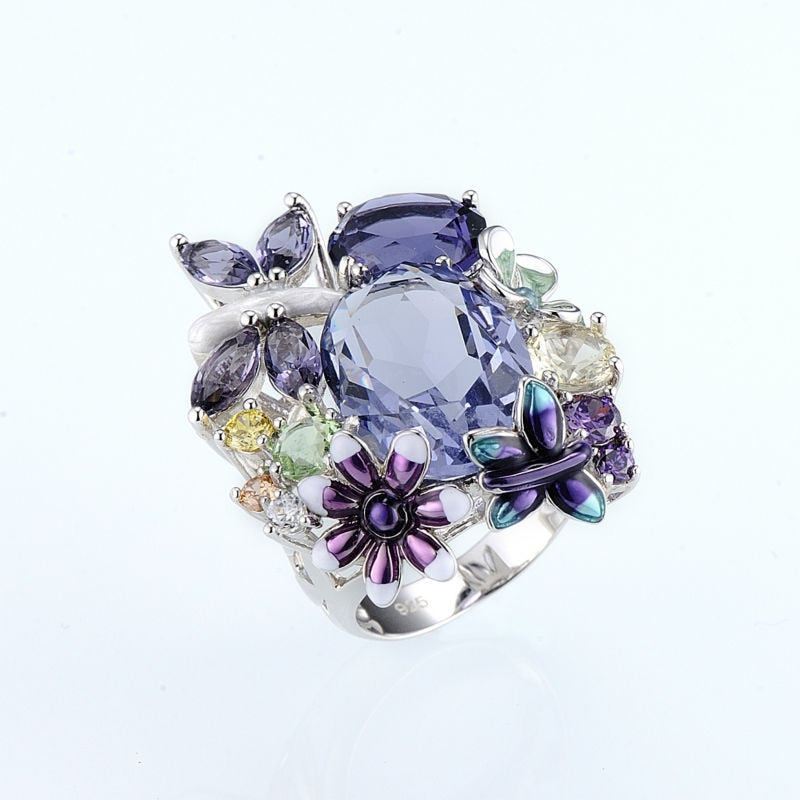 Fashion Design Elegant Butterfly Flower Rings for Women Handmade Enamel Crystal Luxury Wedding Banquet Finger Ring Jewelry