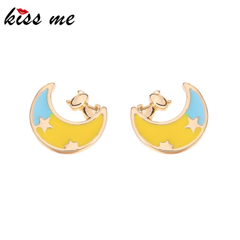 kissme Fairytale Cat On the Moon Stud Earrings For Women Unique Contrast Color Enamel Star Moon Gold Color Brass Fashion Jewelry