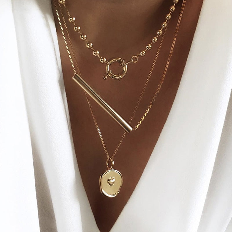 Peri'sBox 3Pcs/Set Long Bar Coin Necklaces Small Beads Toggle Clasp Necklaces for Women Minimalist Layered Medallion Necklaces