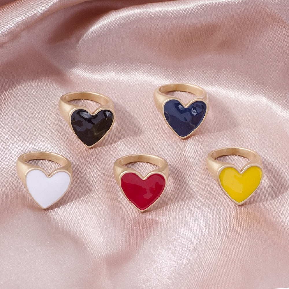2020 Cute Design Enamel Red Yellow Navy Blue Black White Classcial Heart Matte Gold Rings For Women Christmas Jewelry Gift