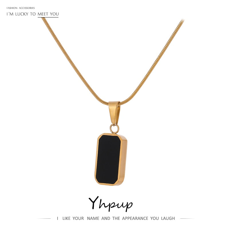 Yhpup Double-Sided Black White Enamel Natural Shell Pendant Necklace for Women Stainless Steel Metal Choker Necklace Gift 2021