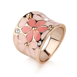Fashion Enamel Metal Gold Rings Unique Fine Jewelry Scarves Pink Black Painted Flower Ring Gifts For Women Girls Perfect Quality