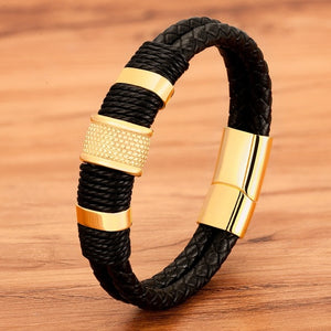 Woven Leather Rope Wrapping Special Style Classic Stainless Steel Men's Leather Bracelet Double-layer Design DIY Customization