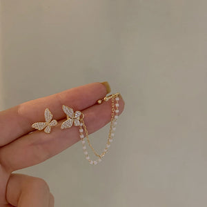 MENGJIQIAO Korean Elegant Cute Rhinestone Butterfly Stud Earrings For Women Girls Fashion Metal Chain Boucle D'oreille Jewelry