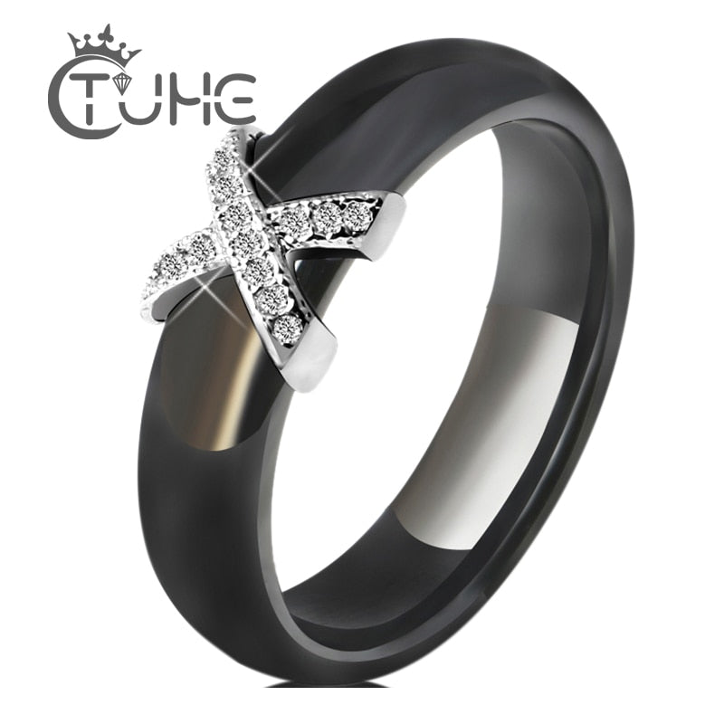 Black White Ceramic Women' s Ring With AAA Crystal 6mm Rings For Women Men Plus Big Size 10 11 12 Fashion Jewelry Christmas 2020
