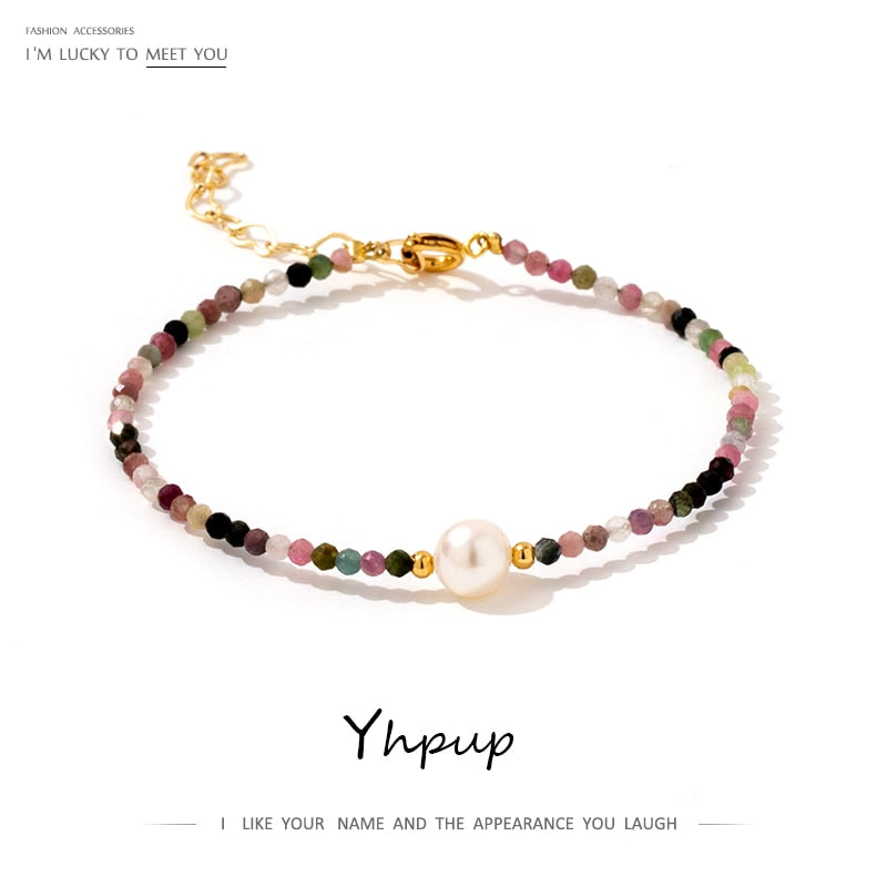 Yhpup Trendy Natural Tourmaline Natural Pearls Beaded Bracelets Copper Colorful Bracelets Women Party Beach Statement Jewelry