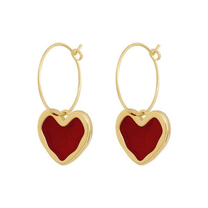 Burgundy Enamel Heart Hook Earrings for Women Girl Gold Color Metal Love Heart Hanging Dangle Earrings Vintage Jewelry