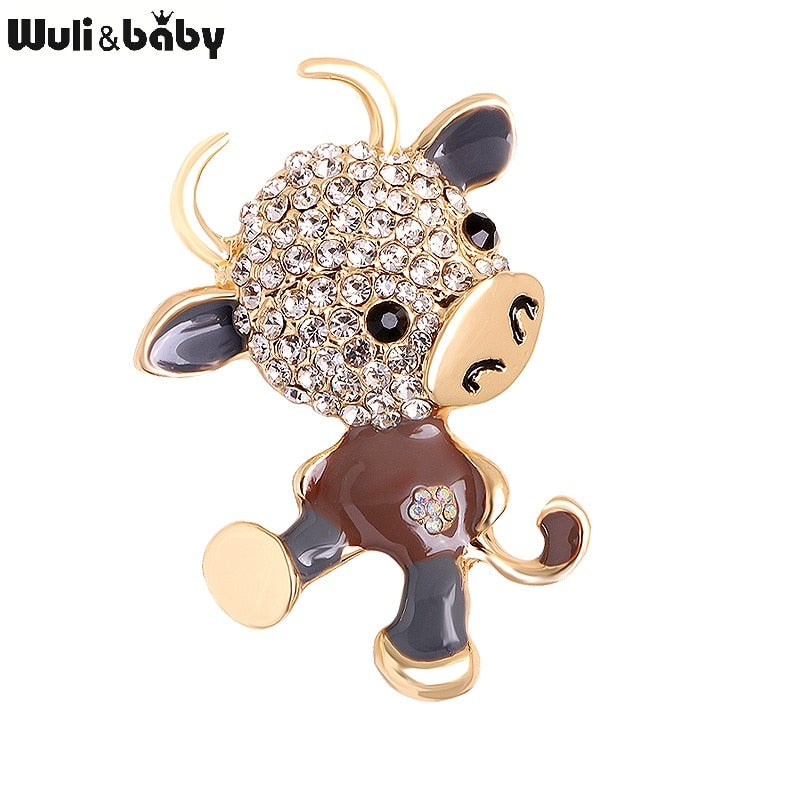 Wuli&baby Rhinestone Lovely Cattle Brooches Women Men Enamel Animal Party Causal Brooch Pins Gifts