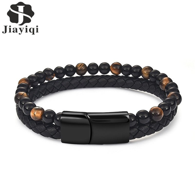 Jiayiqi 6MM Natural Stone Men Bracelet Black Genuine Leather Magnetic Buckle Bangle 18.5/20.5/22cm Male Jewelry Christmas Gifts
