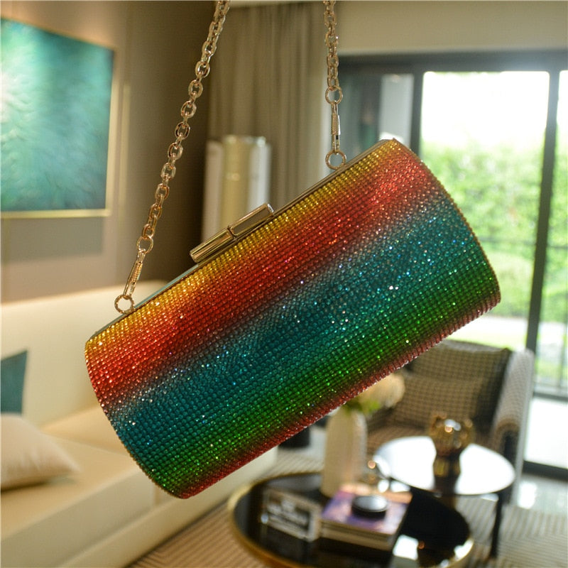 Fashion Rainbow Rhinestone Purse Evening Bag Luxury Diamond  Party Handbag Wedding Clutch Bag Shoulder Bag