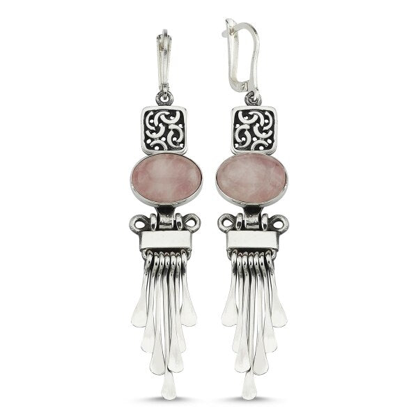 Silver 925 Sterling Pink Quartz Gemstone Dangle Hand Handwork Earrings
