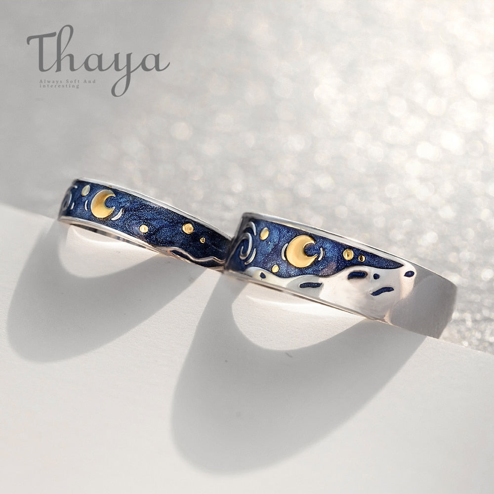 Thaya Van Gogh's Enamel couple rings Sky Star moon s925 silver Glitter Rings Engagement Ring Wedding Jewelry For Women