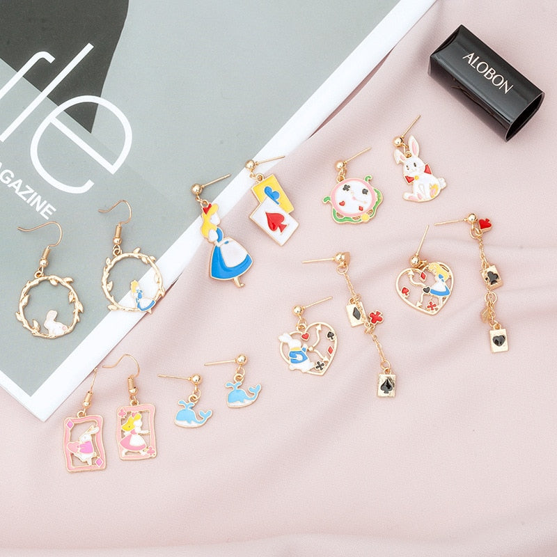 Alice Wonderland Princess Rabbit Bunny Asymmetric Drop Earring Clock Poker Card Enamel Women's Earrings Fashion Jewelry for Girl