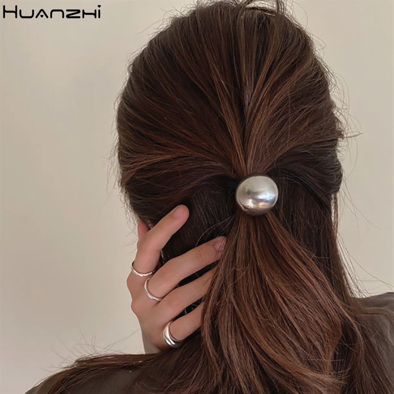 HUANZHI 2020 New Trendy Metal Geometric Square Round Ball Hair Hoop Hair Rope Elastic Ponytail Hair Accessories for Women Girls