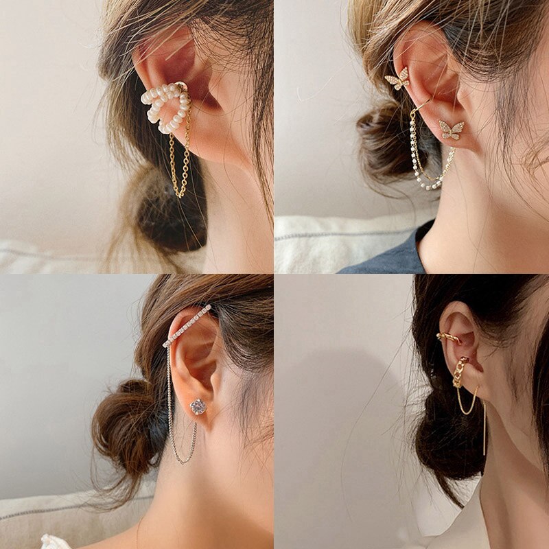 VKME Korean Pearls Gold Chains Clip Earrings  For Women Trendy Chain Tassel Earring Butterfly Geometry Ear Cuff 2021 Jewelry