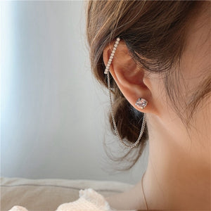 VKME Korean Pearls Gold Chains Clip Earrings  For Women Trendy Chain Tassel Earring Butterfly Geometry Ear Cuff 2021 Jewelry