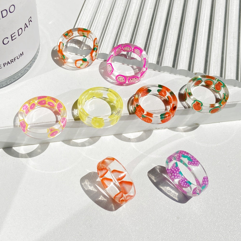 2021 Korea Colorful Fashion Resin Fruit Ring Set Metal Geometric Irregular Open Rings for Women Party Wedding Jewelry Ring Set