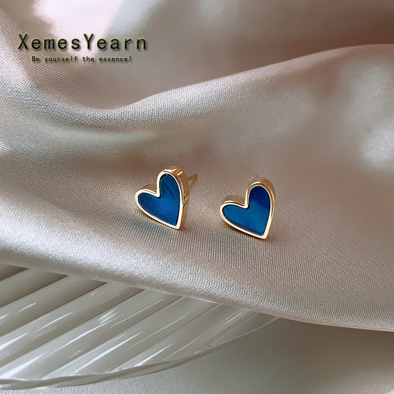French Sweet Romantic Blue Heart-shaped Small Stud Earrings For Woman In 2021 Korean Fashion Jewelry Girls Elegant Accessories