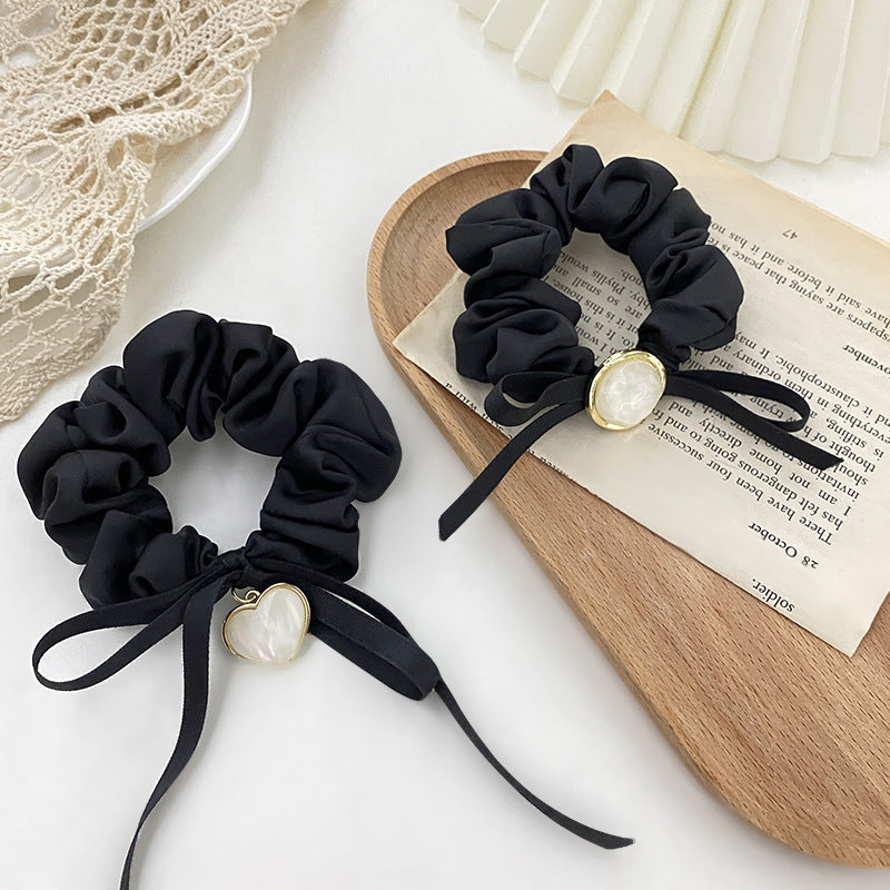 Luxury Black simple love ball head elegant hair rope retro glass crystal peach heart fold large intestine hair ring