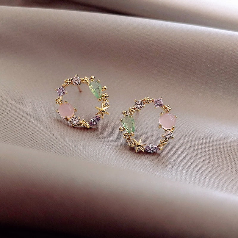 2022 New Arrival Classic Round Pink Green Crystal Stud Earrings Sweet Flower Cirlce Jewelry Fashion Brincos Gift  for women