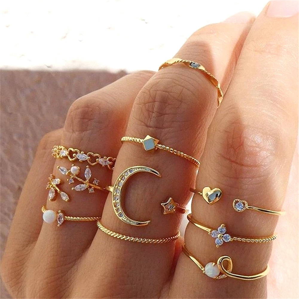 LATS Bohemian Gold Chain Rings Set For Women Fashion Boho Coin Snake Moon Star Rings Party 2022 Female Trend Jewelry Gifts