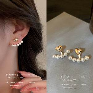 2022 New Elegant Metal Heart-Shaped Back Hanging Pearl Earrings Korean Fashion Jewelry For Woman Girls Multi Wearing Accessories