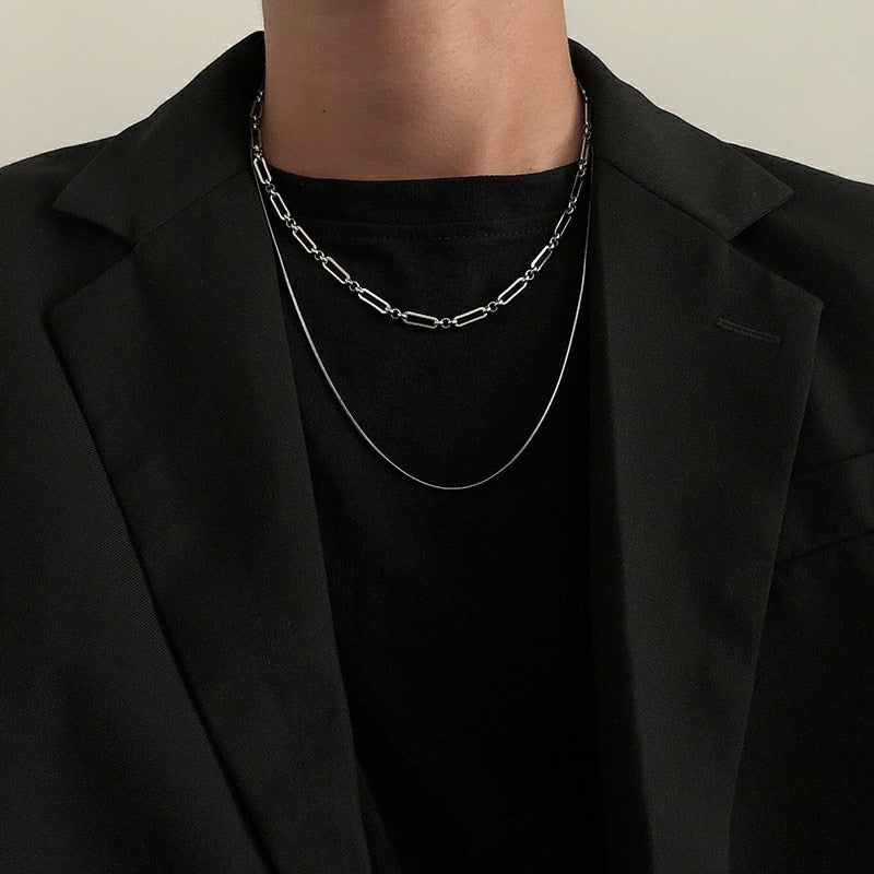 2022 Trendy Stainless stee Double layer Long Chain Necklace Simple Minimalist Punk Chain Necklace for Women Men Goth Jewelry Gif