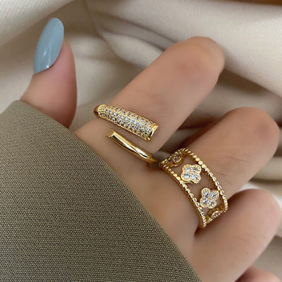 2022 NEW Fashion Korea Upscale Zircon Gold Ring Vintage Open Rings for Women Crystal Design Trendy Party Jewelry Gift