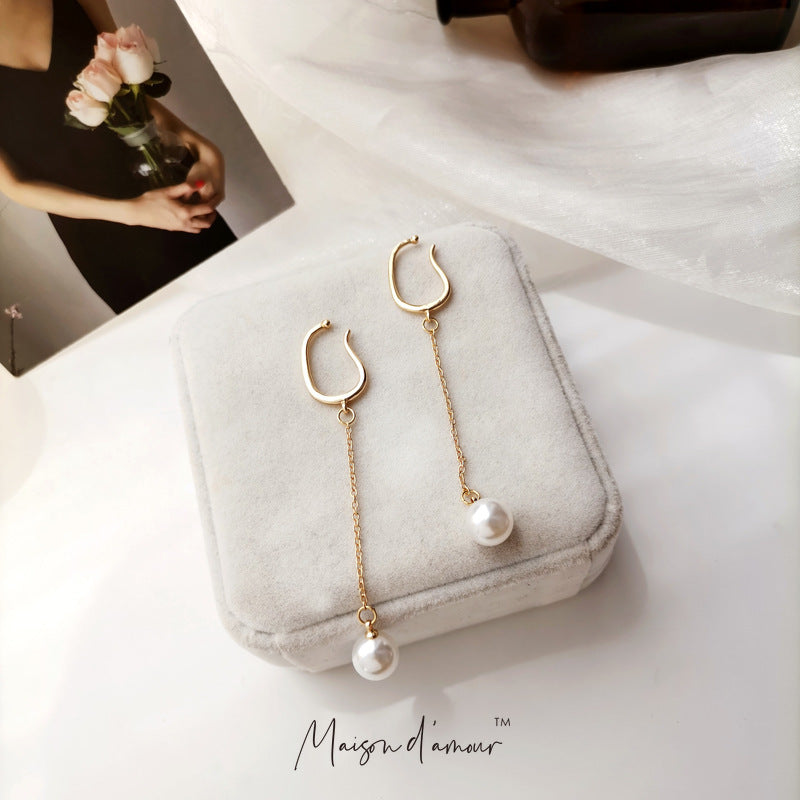 Wholesale Korean Fashion Long Tassel Design Pearl Dangle Women Earrings Clip Gold Elegance French Style Women Jewelry