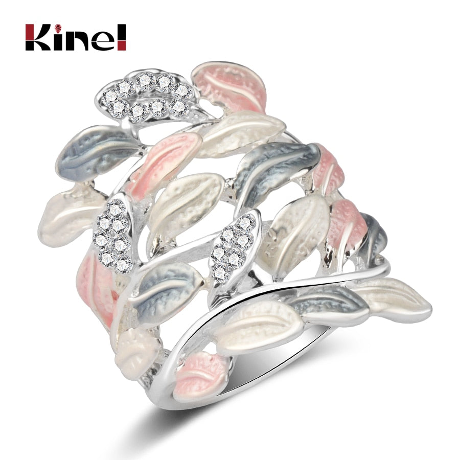 Kinel Luxury Crystal Flower Enamel Rings For Women Multi-layer Leaves Silver Color Vintage Wedding Ring Jewelry Wholesale Gift